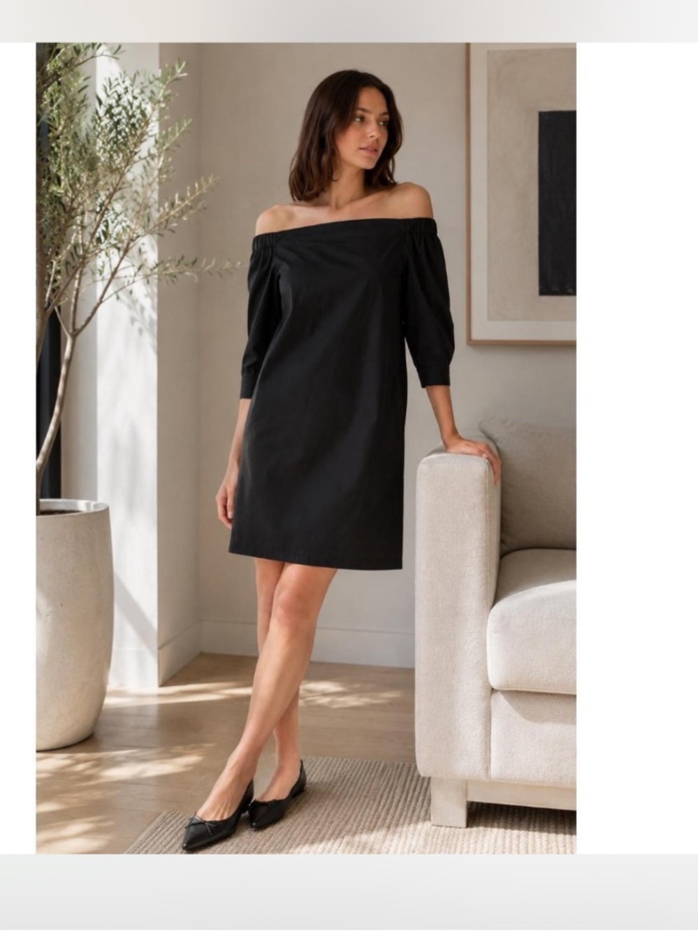 Laundry sz 6 Silk Off-Shoulder Black Shift Dress long sleeve LBD mod retro